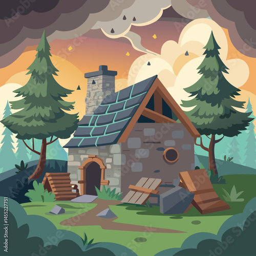 A cozy house nestled among tall trees in a serene forest setting.