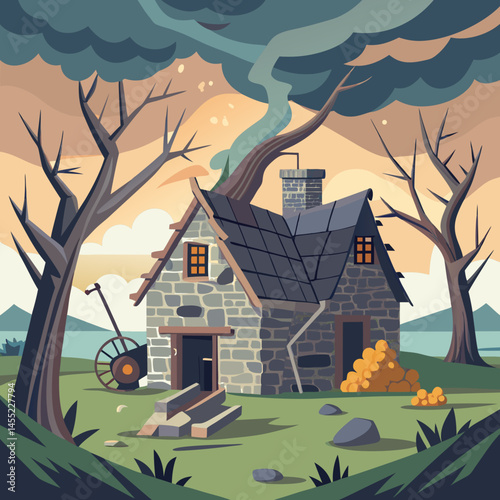A cozy house nestled among tall trees in a serene forest setting.
