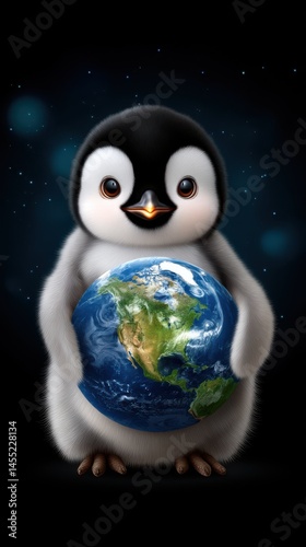 Wallpaper Mural Cute cartoon penguin holding the world in its wings on a dark starry background, promoting earth awareness and environmentalism. Torontodigital.ca