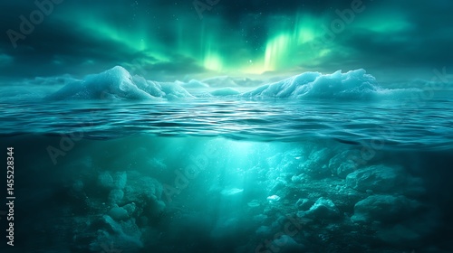 split view of northern lights glowing over frozen fjords above, and deep mysterious arctic trenches underwater, cinematic dramatic art