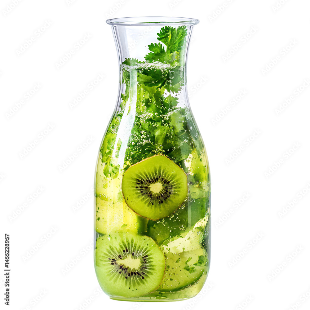 Kiwi and Cilantro in Sparkling Water Isolated on Transparent Background