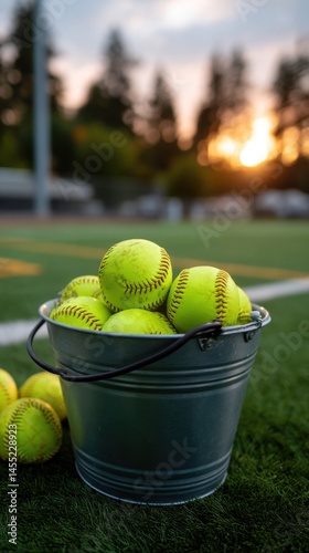 Bucket overflowing with bright yellow softballs resting on a green turf baseball field during golden hour.