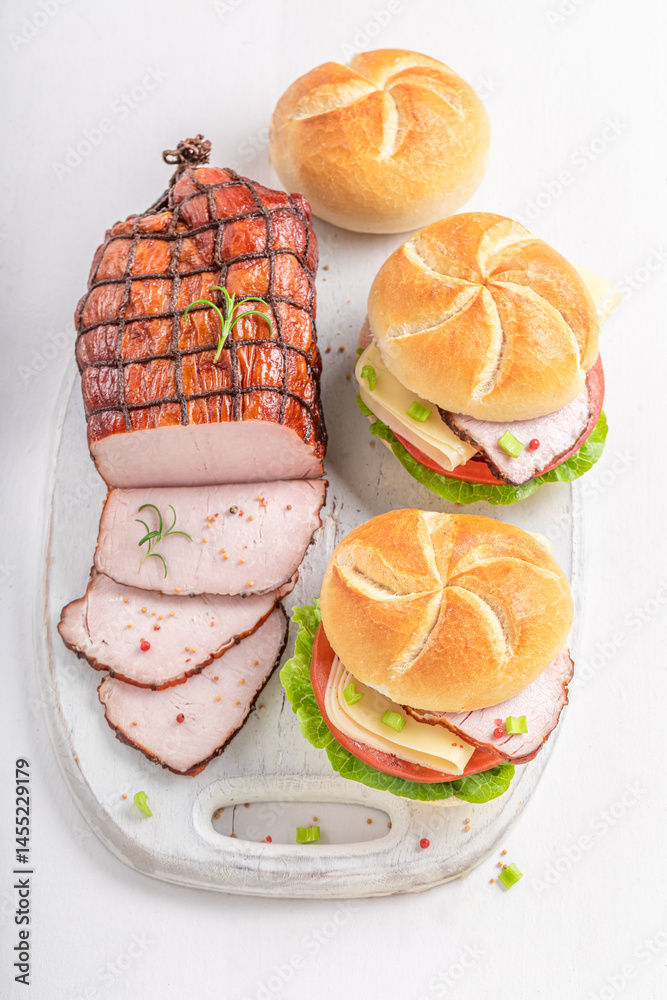 Homemade and tasty sandwich made of vegetables and ham.