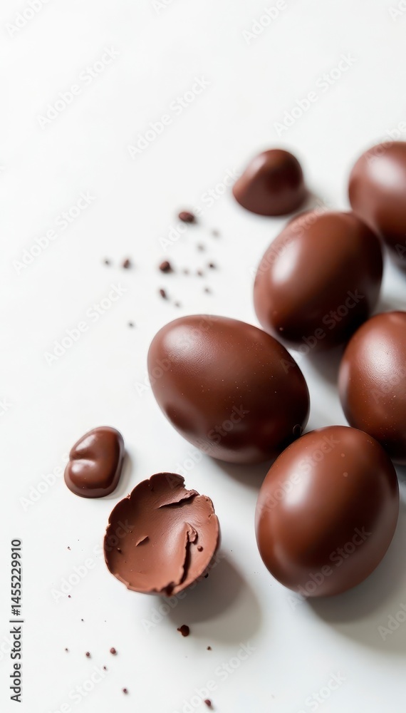 Obraz premium Several shiny chocolate Easter eggs, pristine white backdrop, chocolate egg, white