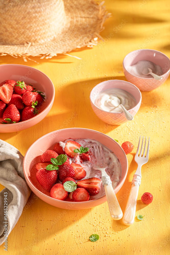 Tasty and creamy strawberries as a summer snack.