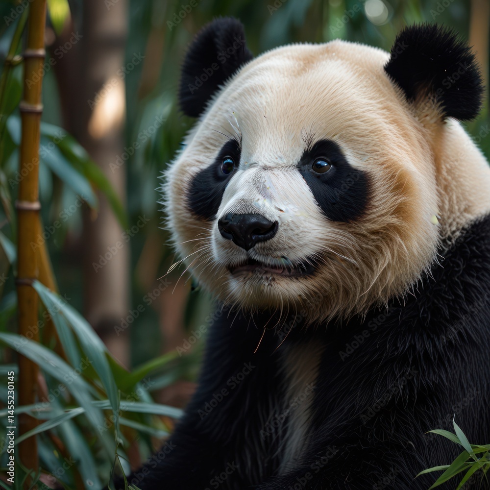 Fototapeta premium Close-up of a panda in a lush bamboo forest. A gentle giant, gazing thoughtfully, surrounded by verdant foliage