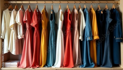 Variety of hanging dresses and jackets in a walk-in closet, closet, hanging