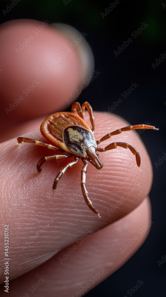Obraz premium Enlarged view of a tick on a human finger, demonstrating potential health risks and pest control concerns.