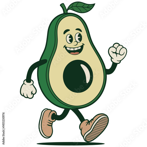  anthropomorphic avocado character brought to life with expressive eyes, a wide smile, and a confident strut. Designed in a retro cartoon style using a single-color halftone shading (green), the chara
