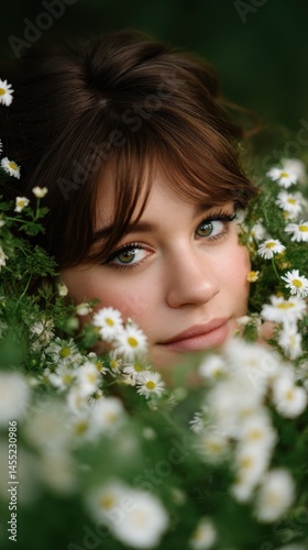 Close-up portrait of a beautiful young woman surrounded by daisies, green eyes, natural light, and a dreamy expression.