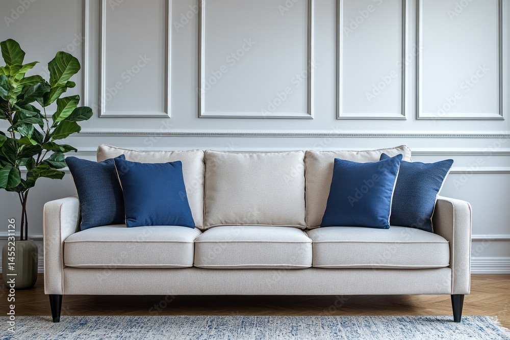 Fototapeta premium Elegant cream sectional sofa with blue accent pillows in a modern interior.