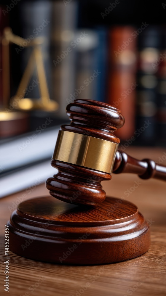 Close-up of a wooden gavel on a sounding block, with a background of law books and scales, representing justice and legal system Close-up of a wooden gavel on a sounding block, with a background of law books and scales, representing justice and legal system