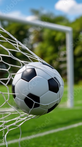 Classic black and white soccer ball is captured in a goal net on a green sports field for sport success and a team victory.