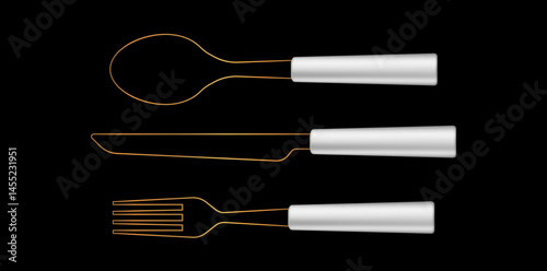 Drawing Style Golden Cutlery Set On Black Background, Fork Spoon And Knife Equipment Vector Illustration.	