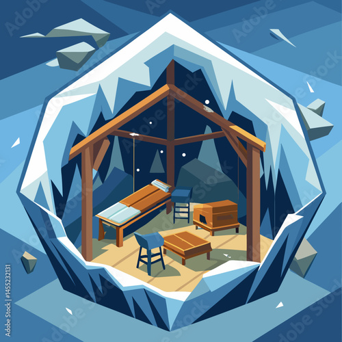 An illustrated room featuring cozy furniture and a stunning view of mountains through a large window.
