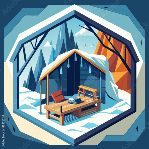 An illustrated room featuring cozy furniture and a stunning view of mountains through a large window.
