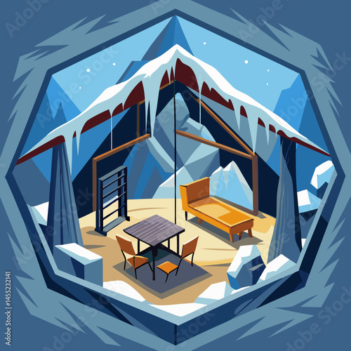 An illustrated room featuring cozy furniture and a stunning view of mountains through a large window.