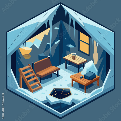 An illustrated room featuring cozy furniture and a stunning view of mountains through a large window.