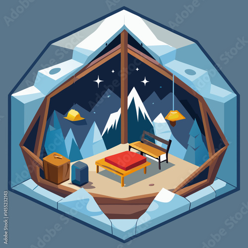 An illustrated room featuring cozy furniture and a stunning view of mountains through a large window.