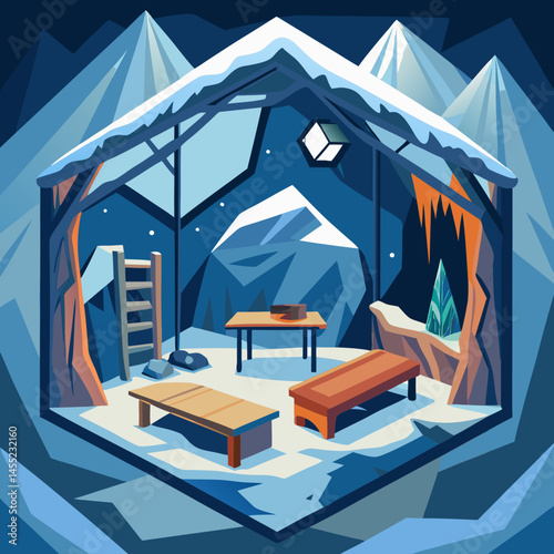 An illustrated room featuring cozy furniture and a stunning view of mountains through a large window.