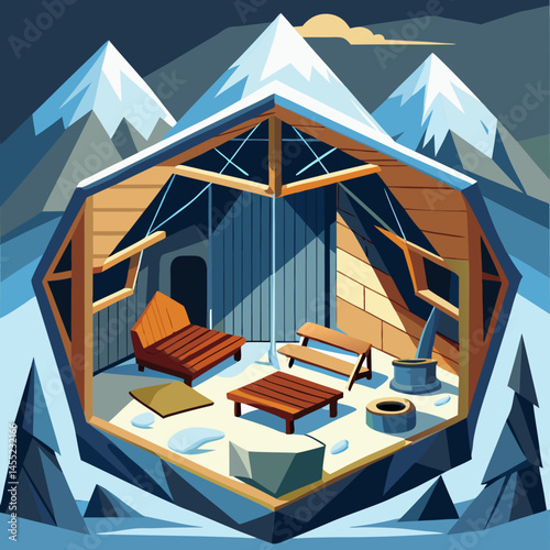 An illustrated room featuring cozy furniture and a stunning view of mountains through a large window.