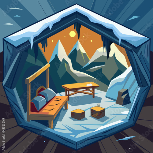 An illustrated room featuring cozy furniture and a stunning view of mountains through a large window.