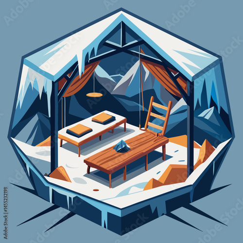 An illustrated room featuring cozy furniture and a stunning view of mountains through a large window.