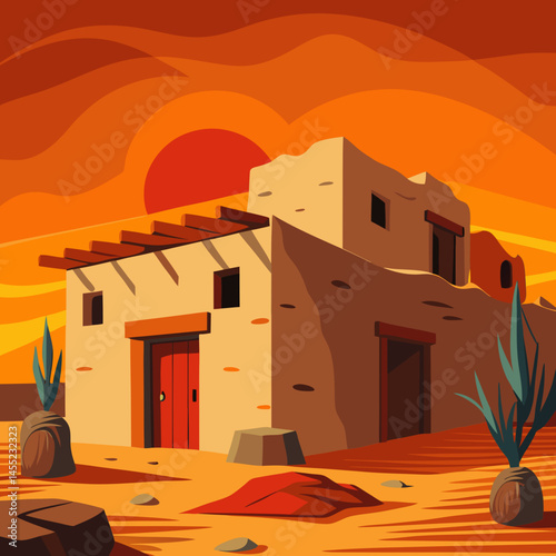 Vector illustration of a Native American house set against a desert landscape, showcasing traditional architecture and surroundings.