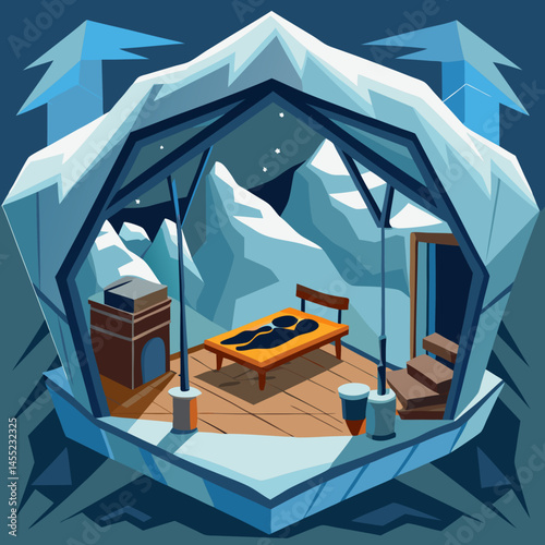 An illustrated room featuring cozy furniture and a stunning view of mountains through a large window.