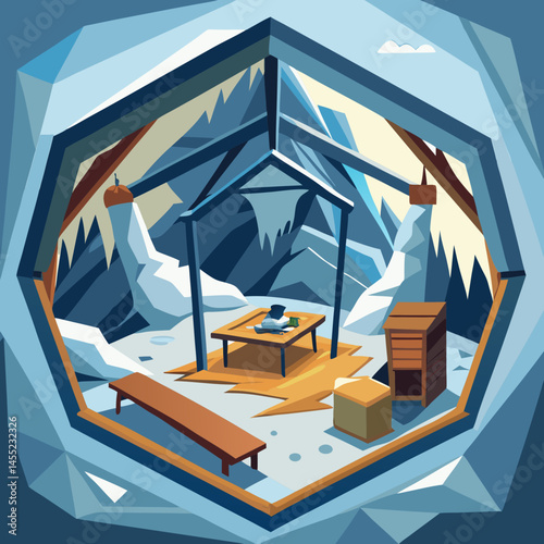 An illustrated room featuring cozy furniture and a stunning view of mountains through a large window.