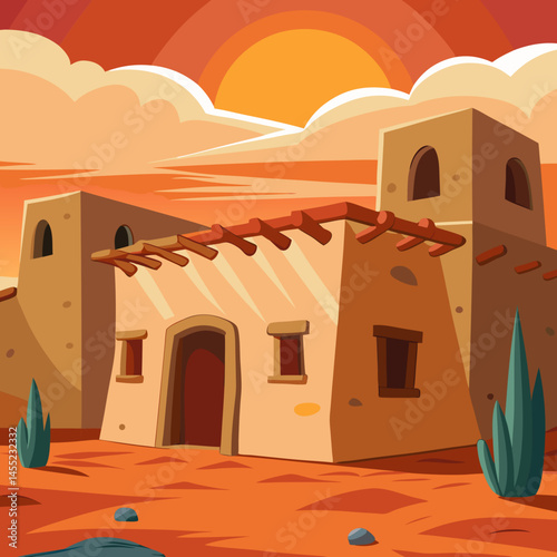Vector illustration of a Native American house set against a desert landscape, showcasing traditional architecture and surroundings.