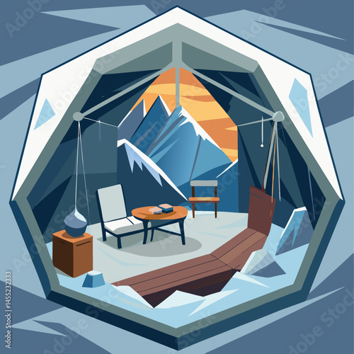 An illustrated room featuring cozy furniture and a stunning view of mountains through a large window.