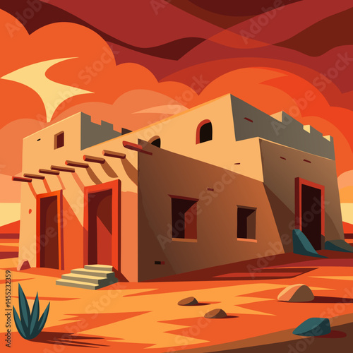 Vector illustration of a Native American house set against a desert landscape, showcasing traditional architecture and surroundings.