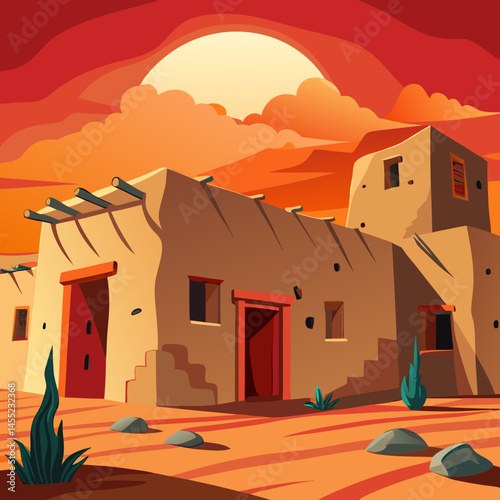 Vector illustration of a Native American house set against a desert landscape, showcasing traditional architecture and surroundings.