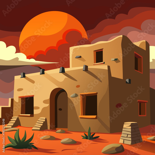 Vector illustration of a Native American house set against a desert landscape, showcasing traditional architecture and surroundings.