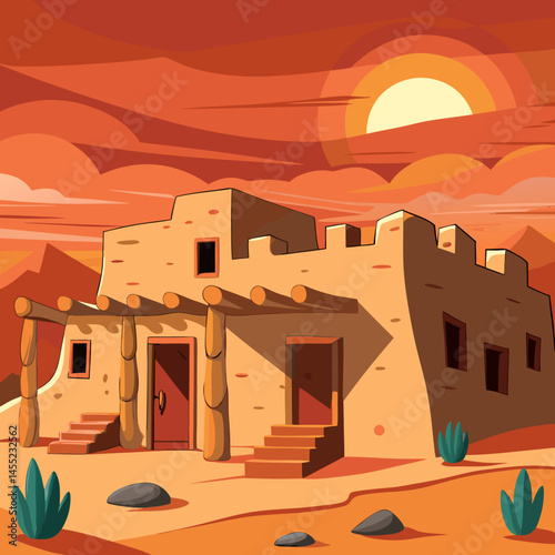 Vector illustration of a Native American house set against a desert landscape, showcasing traditional architecture and surroundings.
