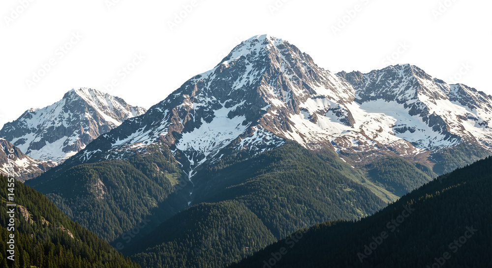 Fototapeta premium Snow Capped Mountain Peaks with Green Forest Slopes Scenery