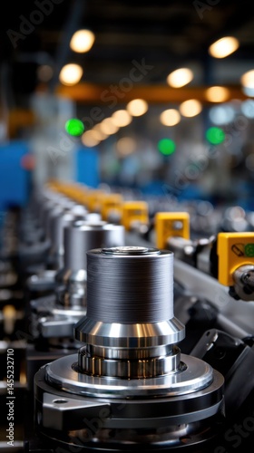 Robotic arms are lined up in a row in an industrial setting with yellow safety switches for protection in metalworking manufacturing.