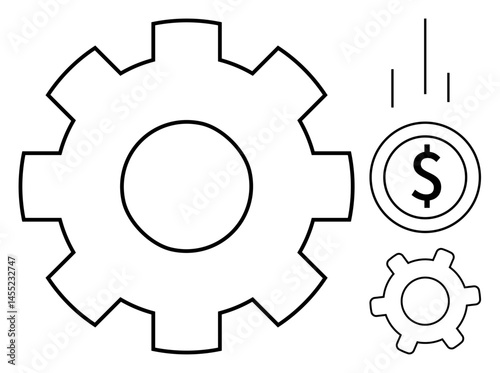 Gear system represents efficiency, paired with a falling dollar coin indicating financial growth or innovation. Ideal for business, technology, finance, automation, productivity, strategy, planning