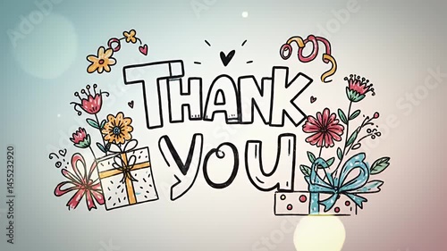 Animated Thank You Message with Hand-Drawn Style and Floating Gift Boxes