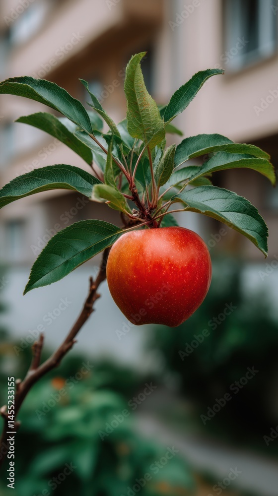 Obraz premium Fresh red apple on branch, showcasing vibrant color and healthy organic fruit for seasonal harvest and natural sweetness