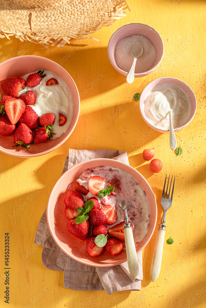 Tasty and creamy strawberries as simple summer snack.