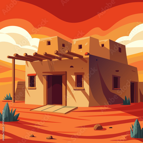 Vector illustration of a Native American house set against a desert landscape, showcasing traditional architecture and surroundings.