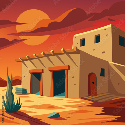 Vector illustration of a Native American house set against a desert landscape, showcasing traditional architecture and surroundings.