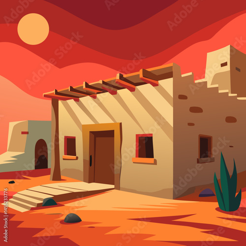 Vector illustration of a Native American house set against a desert landscape, showcasing traditional architecture and surroundings.