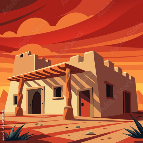 Vector illustration of a Native American house set against a desert landscape, showcasing traditional architecture and surroundings.