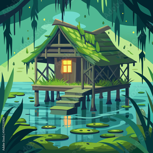 A cartoon house on stilts surrounded by water in a swampy landscape, with trees and plants in the background.