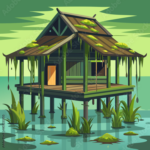 A cartoon house on stilts surrounded by water in a swampy landscape, with trees and plants in the background.