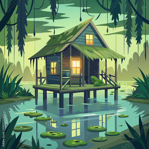 A cartoon house on stilts surrounded by water in a swampy landscape, with trees and plants in the background.