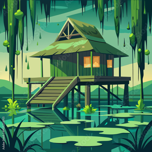A cartoon house on stilts surrounded by water in a swampy landscape, with trees and plants in the background.